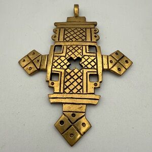 Brass Ethiopian Coptic Cross Pendant 110x85mm African Large Hole Handmade